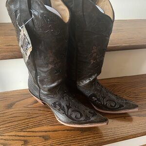 Elegant Chocolate Embroidered Heeled Boots